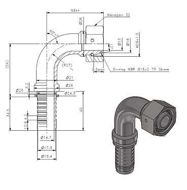 DKO-L/DKO-S - угол 90° - накид. гайка - конус 24° с O-RING Фитинги DKO-L/DKO-S гайка DKO-L/DKO-S - угол 90° - накид. гайка - конус 24° с O-RING фото